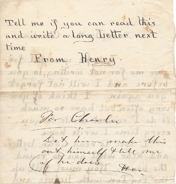 George Henry Moulton letter, reverse, undated, to brother Charlie